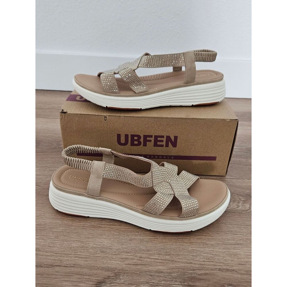 UBFEN Beige Sparkly Rhinestone Platform Slingback Sandals Size 10